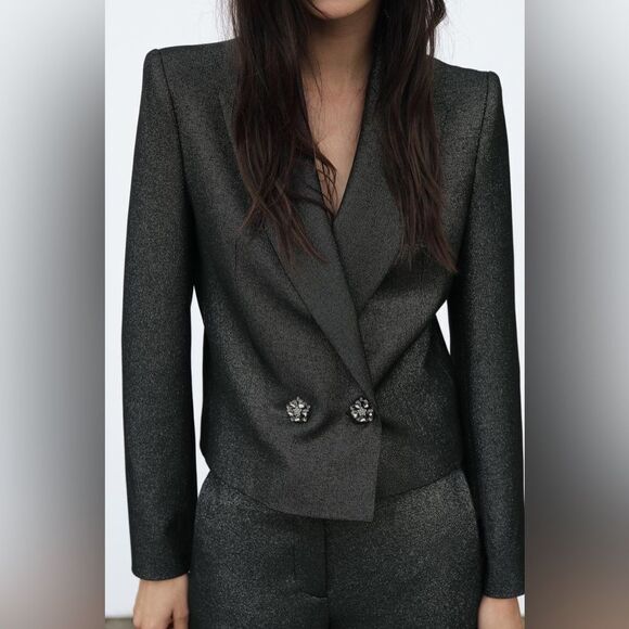 NWT Zara Grey Crop Blazer Short Shiny Size XS - Picture 6 of 12